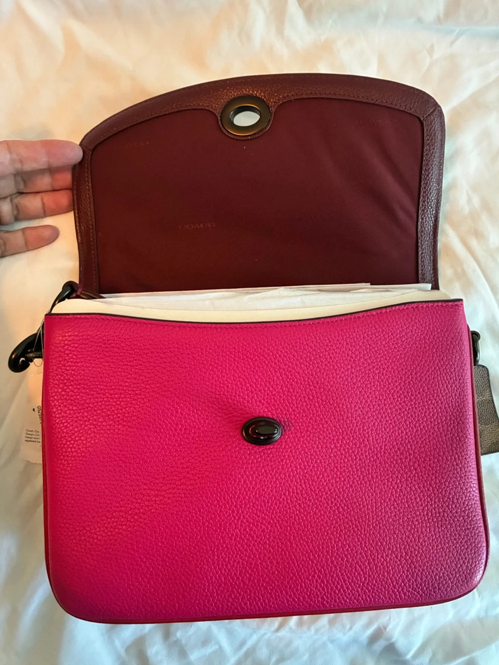 Coach Brown Signature Canvas Shoulder Bag with Pink Leather Trim